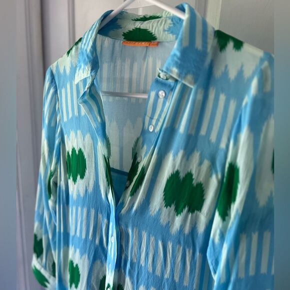 Oliphant V-Neck Maxi Midi Flutter Sleeve Dress Ikat Blue Green XS Cotton - Picture 2 of 5